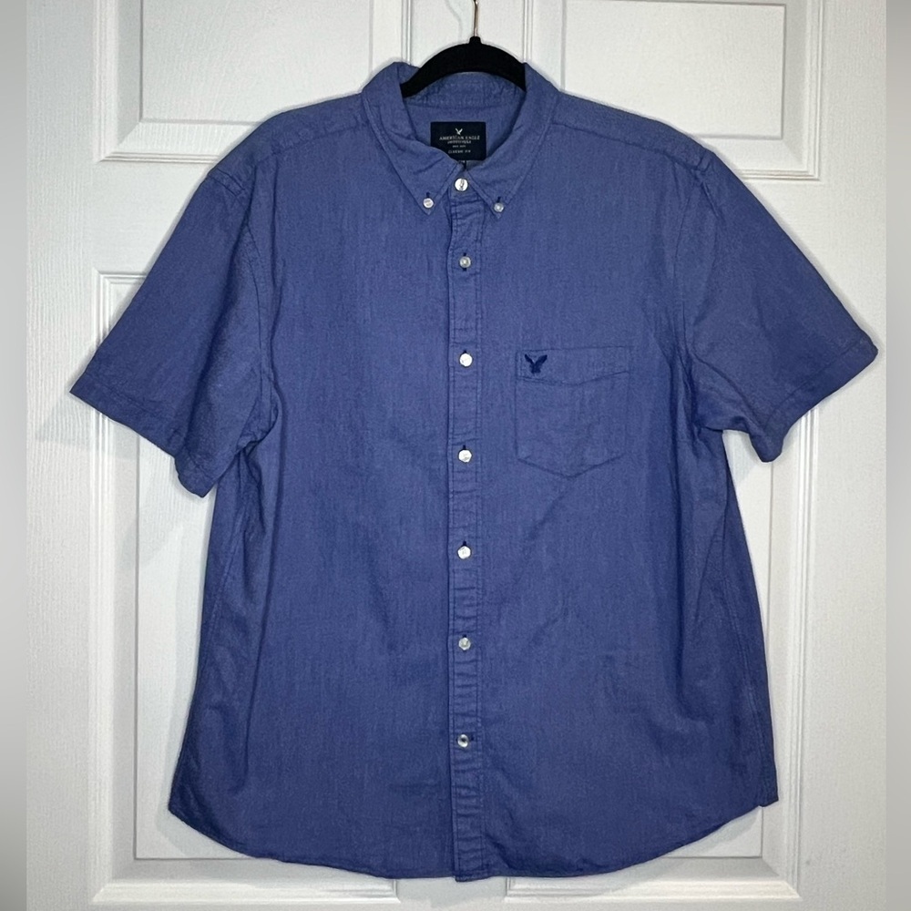 American Eagle Outfitters Men's Short-Sleeved Button-Down Blue Shirt - Size XL